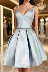 Simple blue v neck satin short Evening Prom Dresses, blue homecoming Dresses